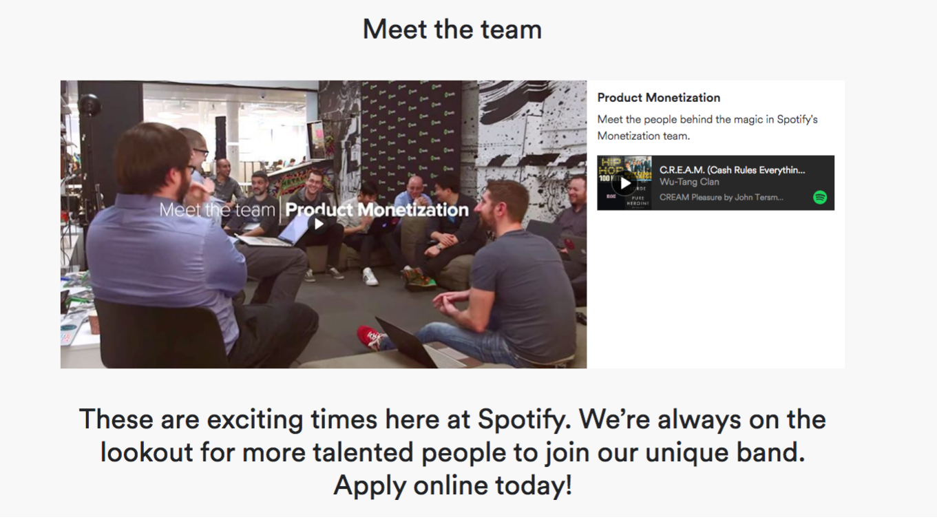 spotify careers page design meet team section