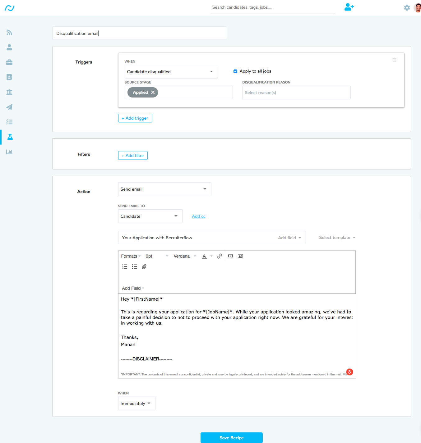 automated disqualification email to candidates